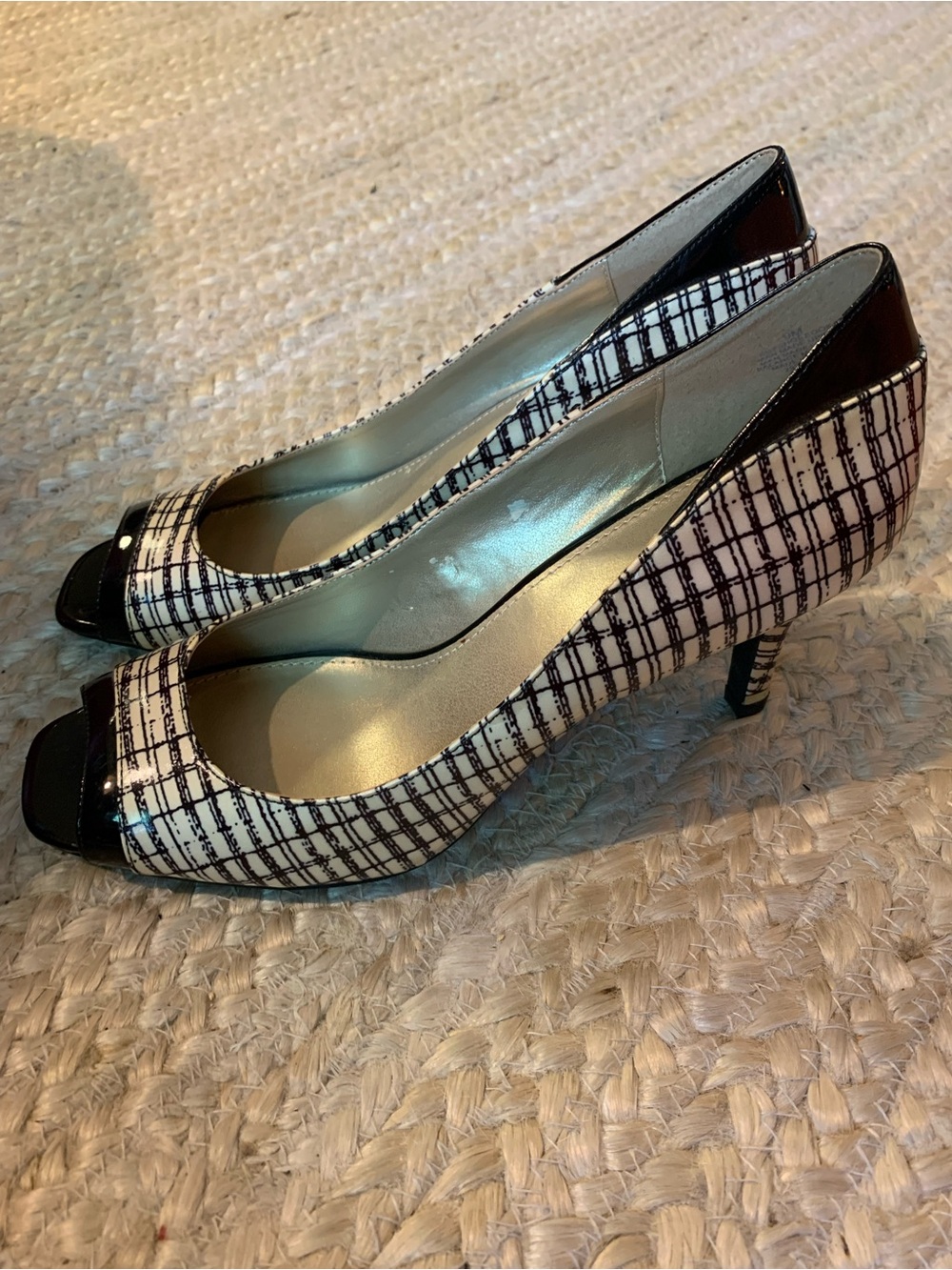 Bandolino Black & White Peep-Toe Patterned Pumps - Women